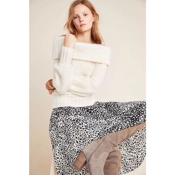 Anthropologie Ivory Off the Shoulder Margo Puff Sleeve Sweater SMALL - Picture 2 of 5